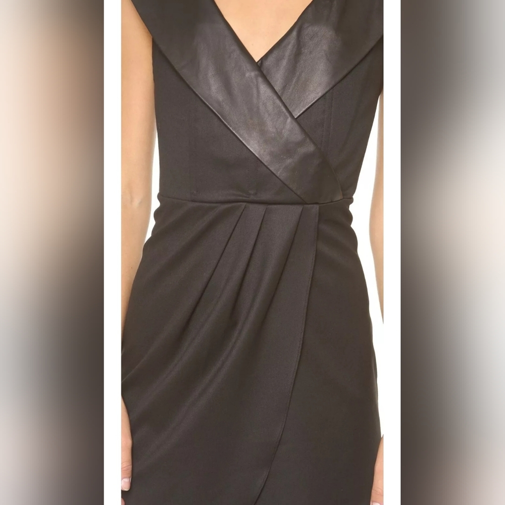 Alice + olivia Shayna Leather Trim Shawl Collar Faux Wrap Black Dress - Picture 8 of 15